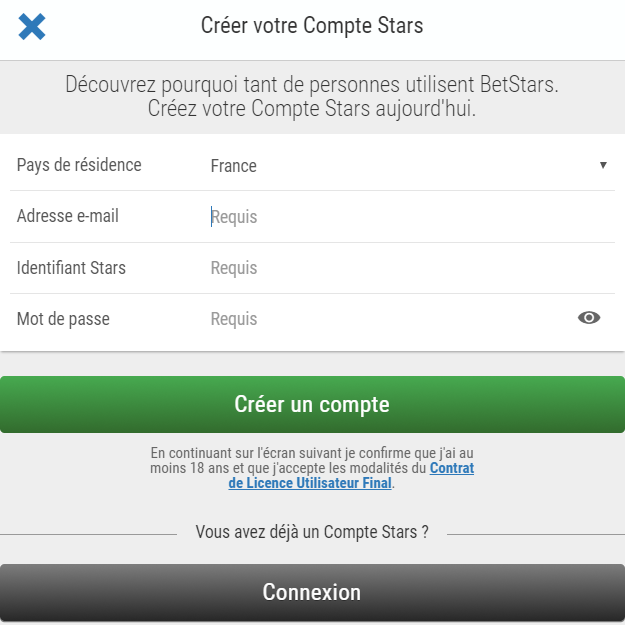 Betstars ouvrir compte inscription