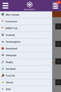 JOA site mobile liste des sports