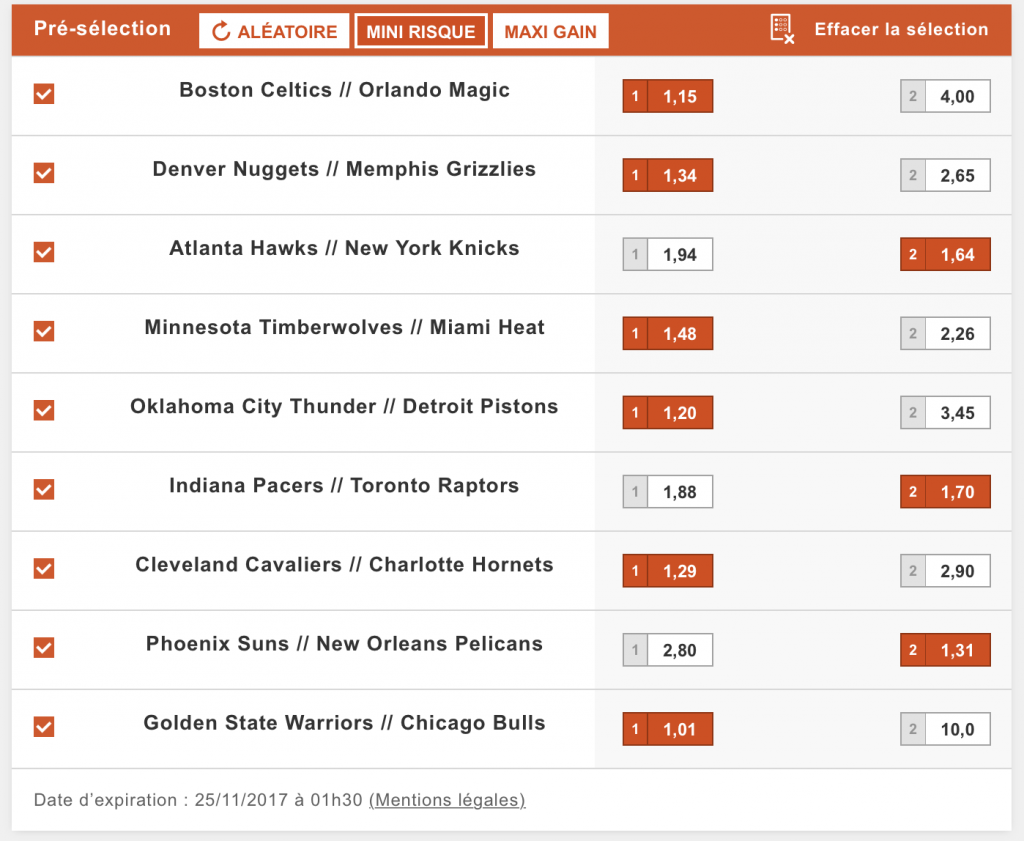 journée NBA grille multi bonus NBA